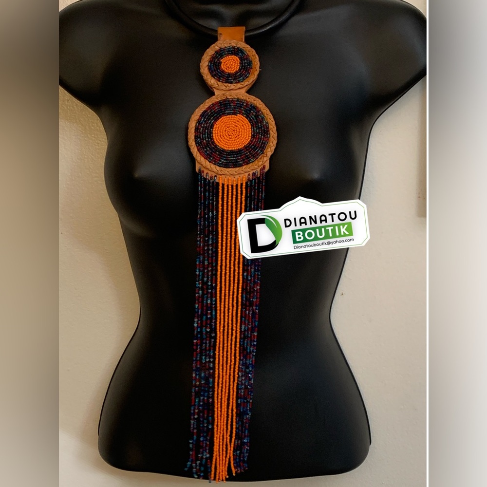 Jumbo Orange Multi Strand Leather & Beads Necklace